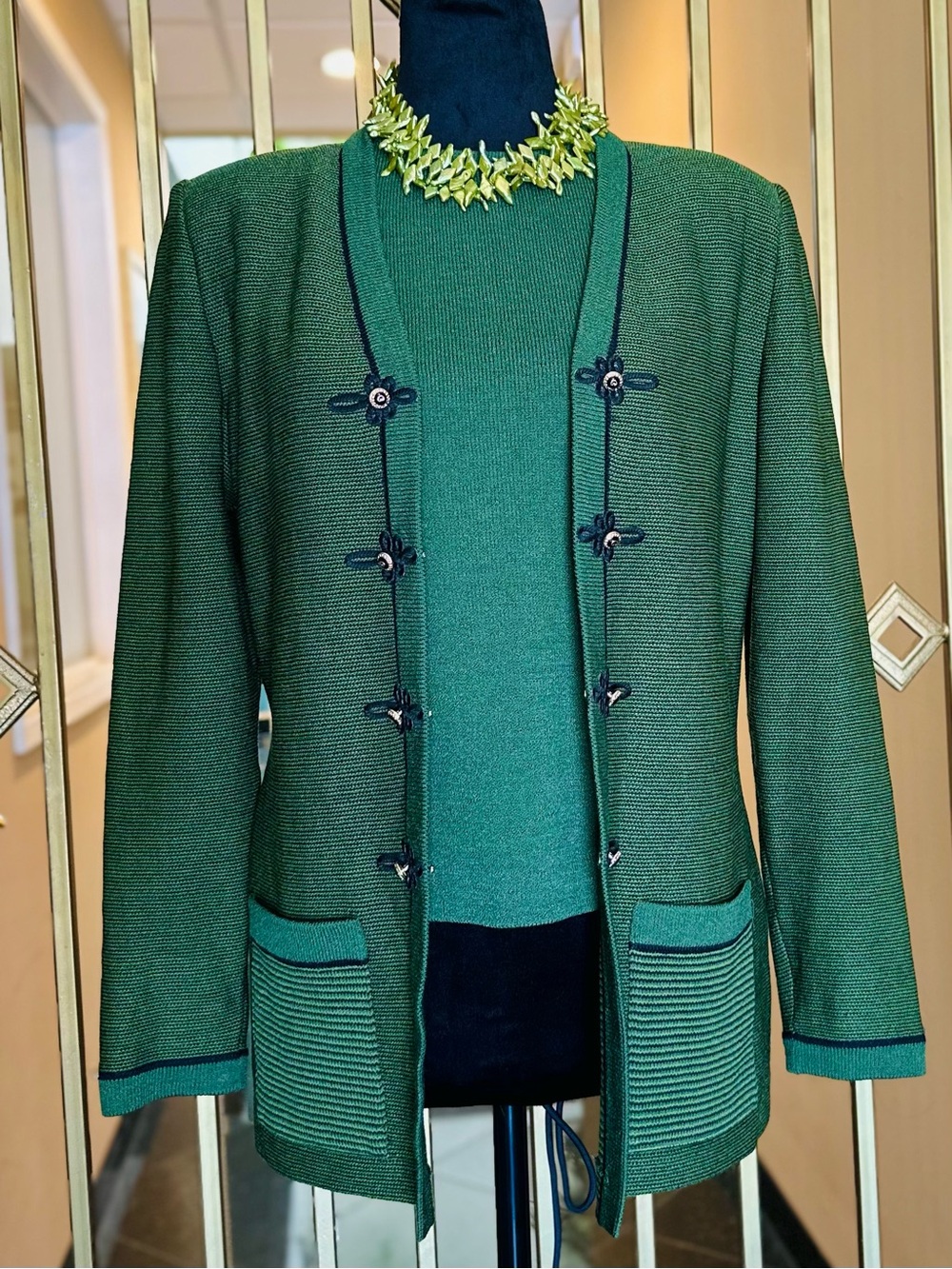 St. John Dark Green Military Style Hook & Eye Knit Jacket and Top (2pc)